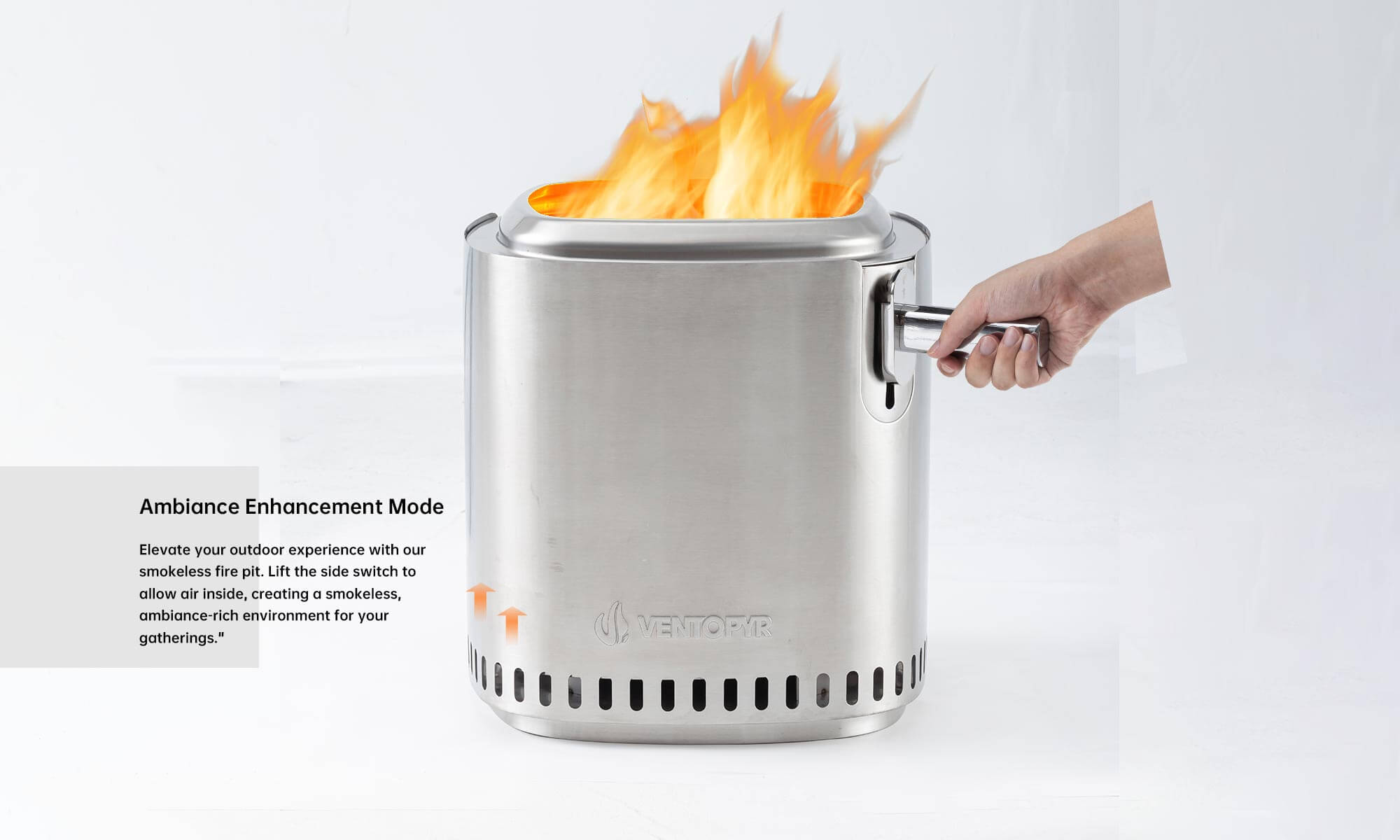 Opening the circular hole at the bottom of the fire pit allows increased air intake, creating a smokeless effect.